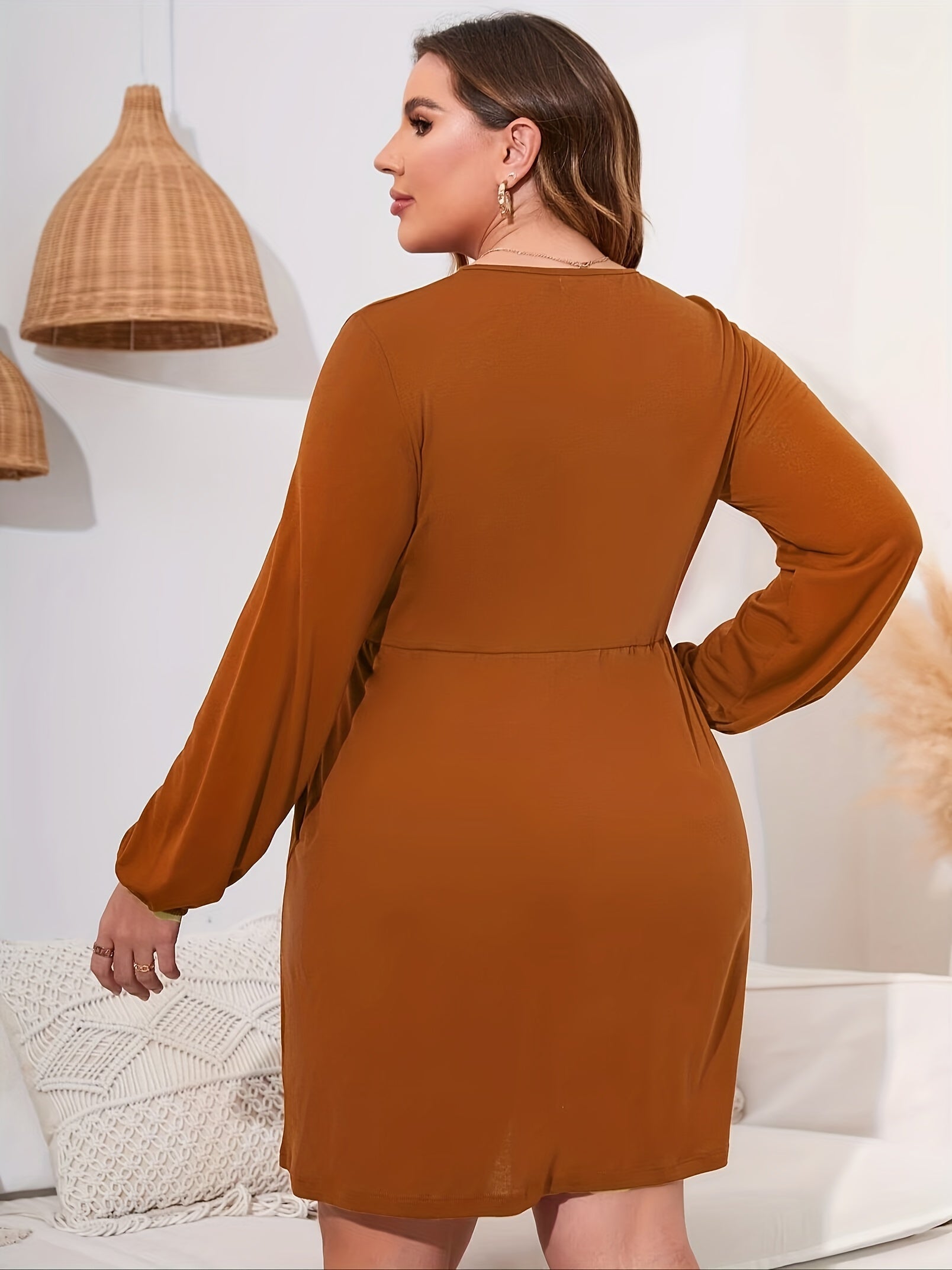  Solid Long Sleeve V-Neck Mini Dress With Pockets