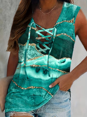  Marble Print Lace Up Tank Top