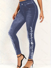  Floral Denim Print Leggings High Rise Medium Stretch