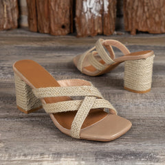 Women's Straw Block Heeled Sandals Cross Strap Comfortable Square Toe Pumps
