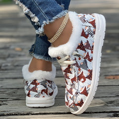 Women's Christmas Santa Print Snow Boots Plush Comfort Winter Lace up Flats