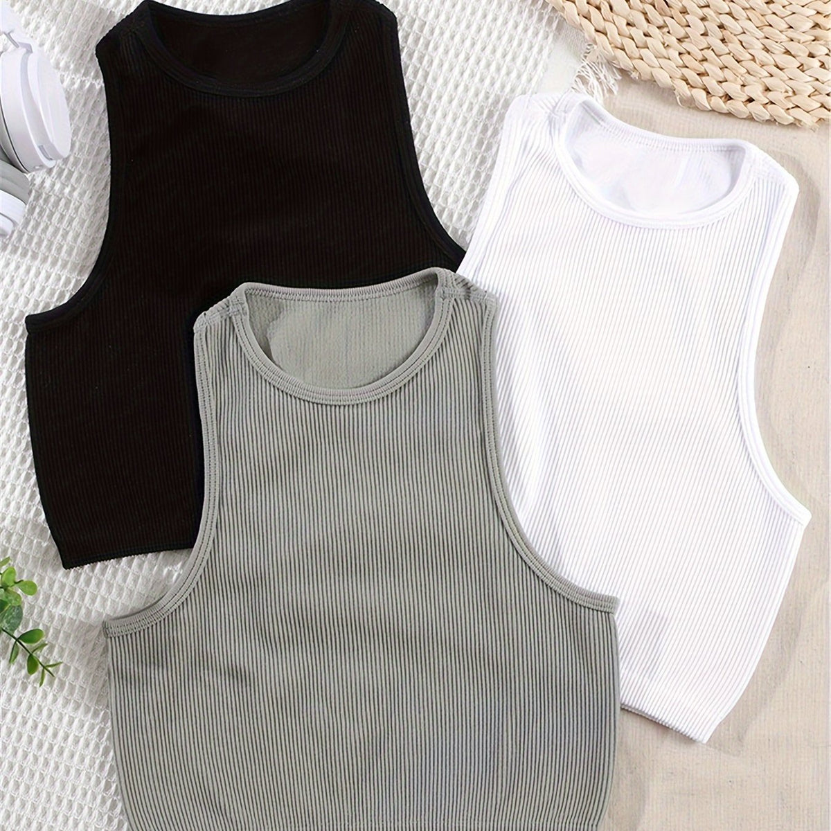 3pcs Solid Ribbed Lounge Tops Crew Neck Tank Top