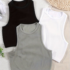 3pcs Solid Ribbed Lounge Tops Crew Neck Tank Top
