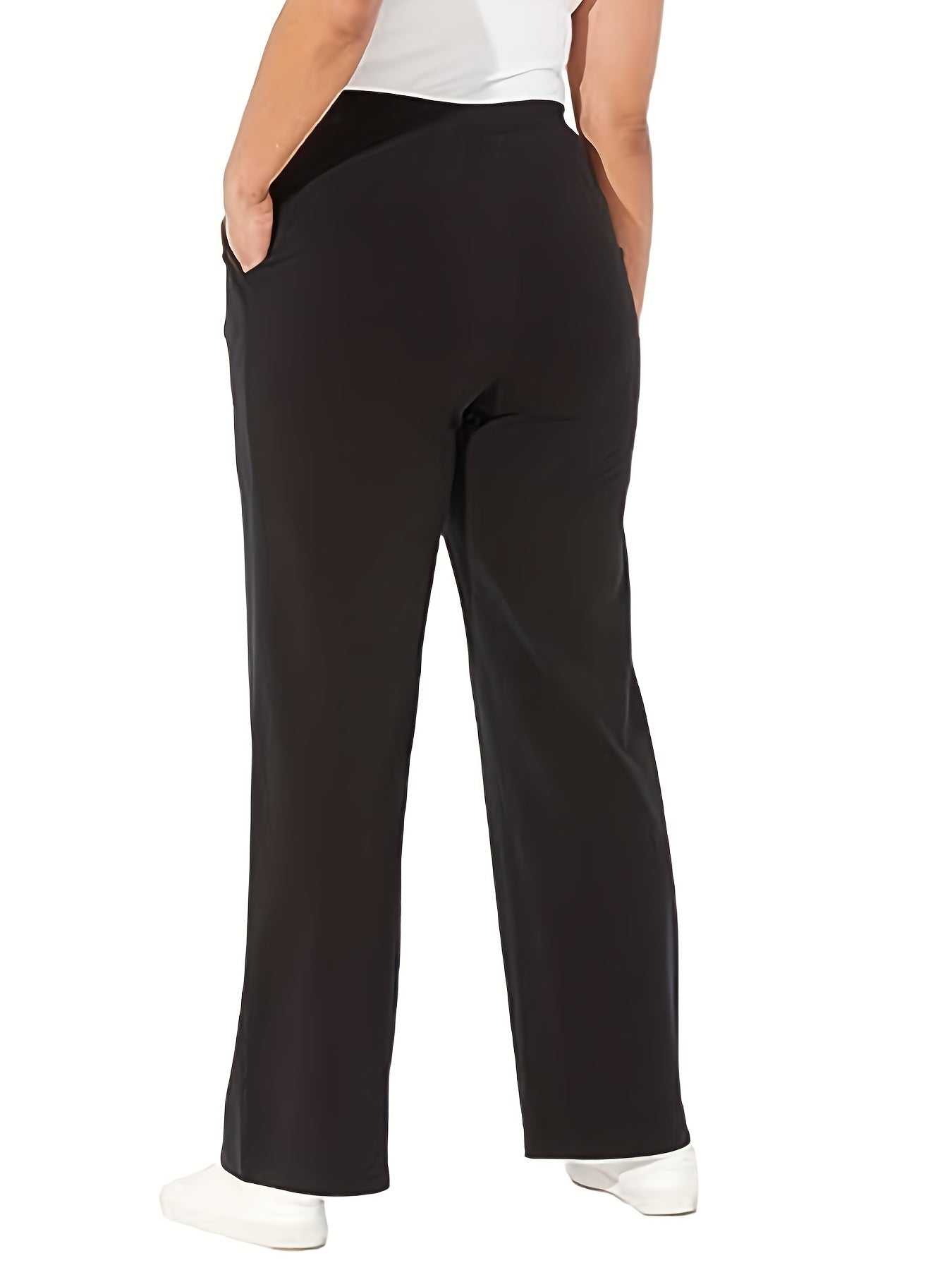  Solid Straight Wide Leg Stretch Loose Trousers With Pockets