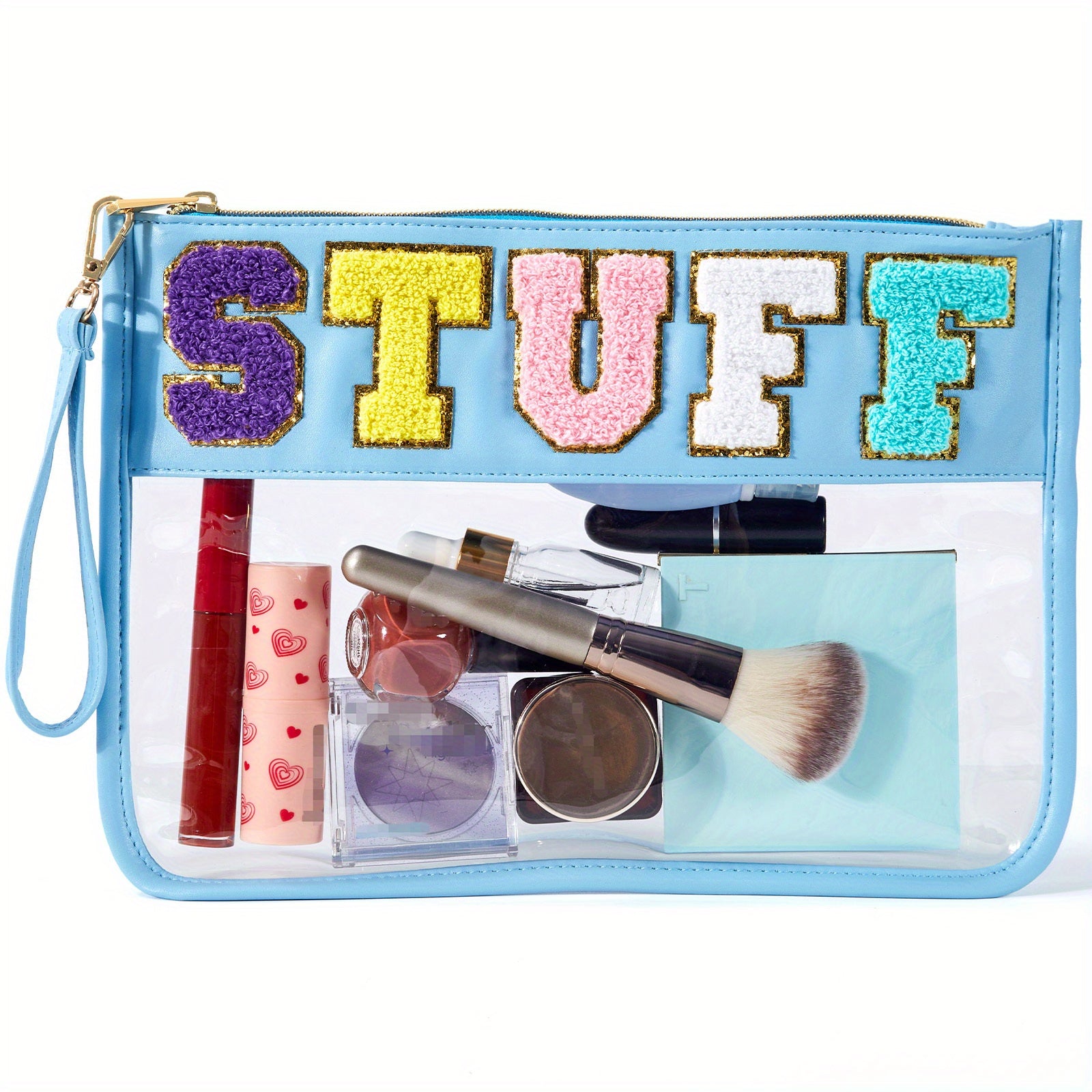 Chenille Letter Zipper Pouch Makeup Bag Clear Waterproof Toiletry Snack Bag