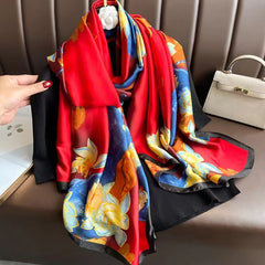 Lotus Print Scarf Vintage Satin Shawl Sunscreen Windproof Head Wrap