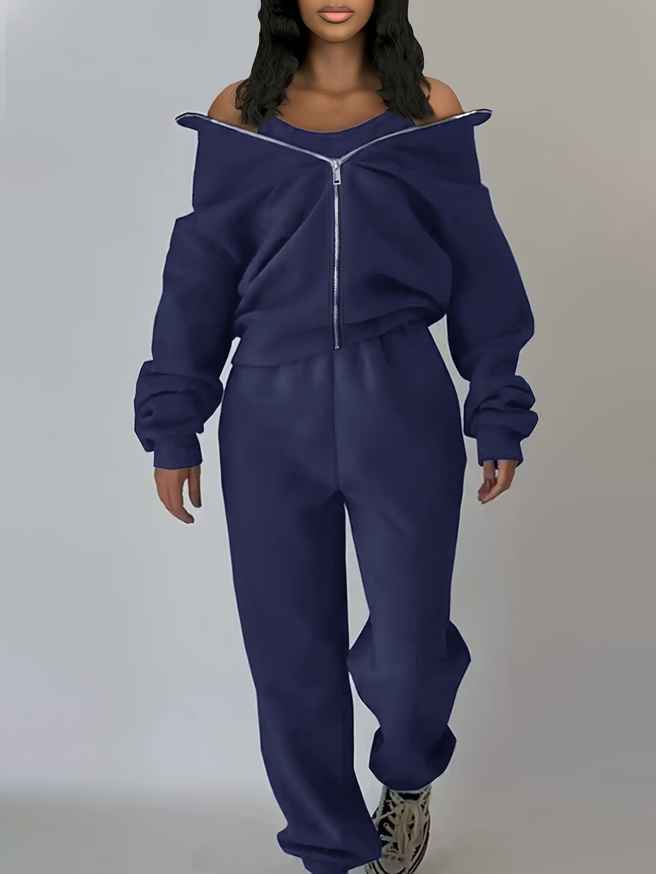  Zipper Front Coat & Joggers 2PC Set