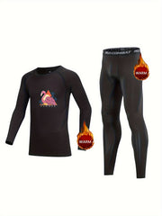 2pcs Kids Compression Fleece Sets - Cartoon Pattern Crew Neck Pullover