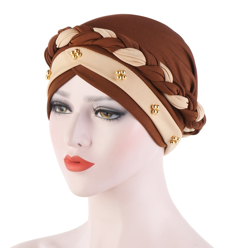 Two Tone Short Braid Turban Cap Beads Decor Hijab Turban