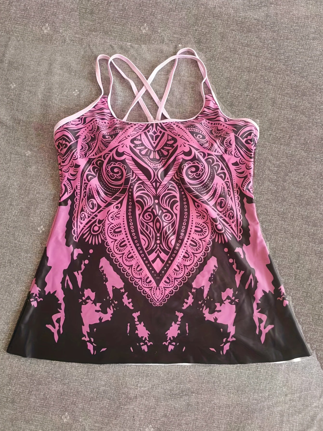 Floral Print Plus Size Boho Tankini Set with Split Strap Top & Shorts
