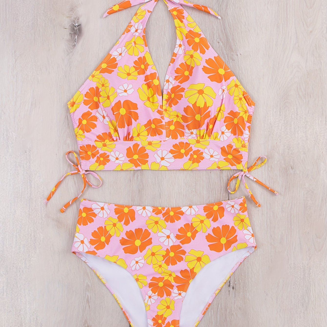  Daisy Print Lace Up Bikini Set