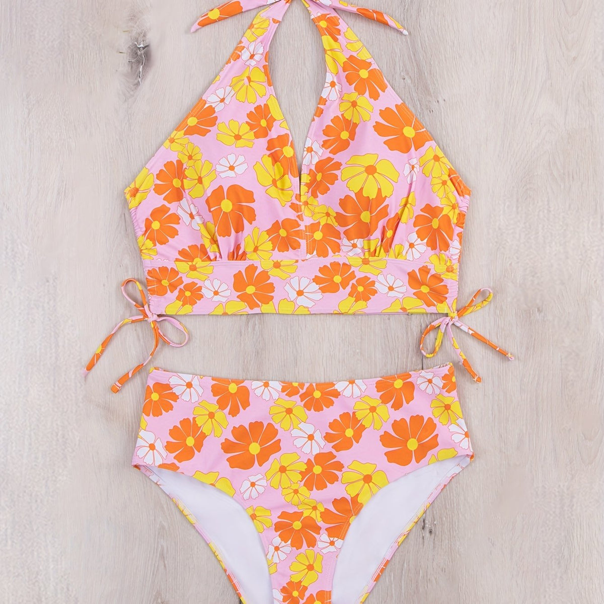  Daisy Print Lace Up Bikini Set