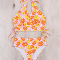 Daisy Print Lace Up Bikini Set