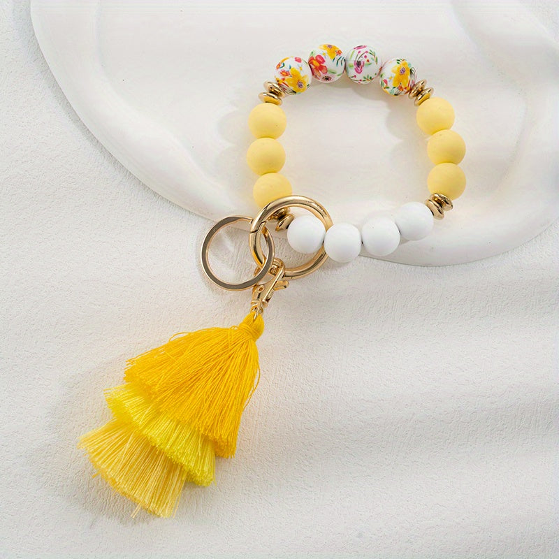 Vintage Silicone Beads Bracelet Key Ring For Girls Child Tassel Keychain Pendant