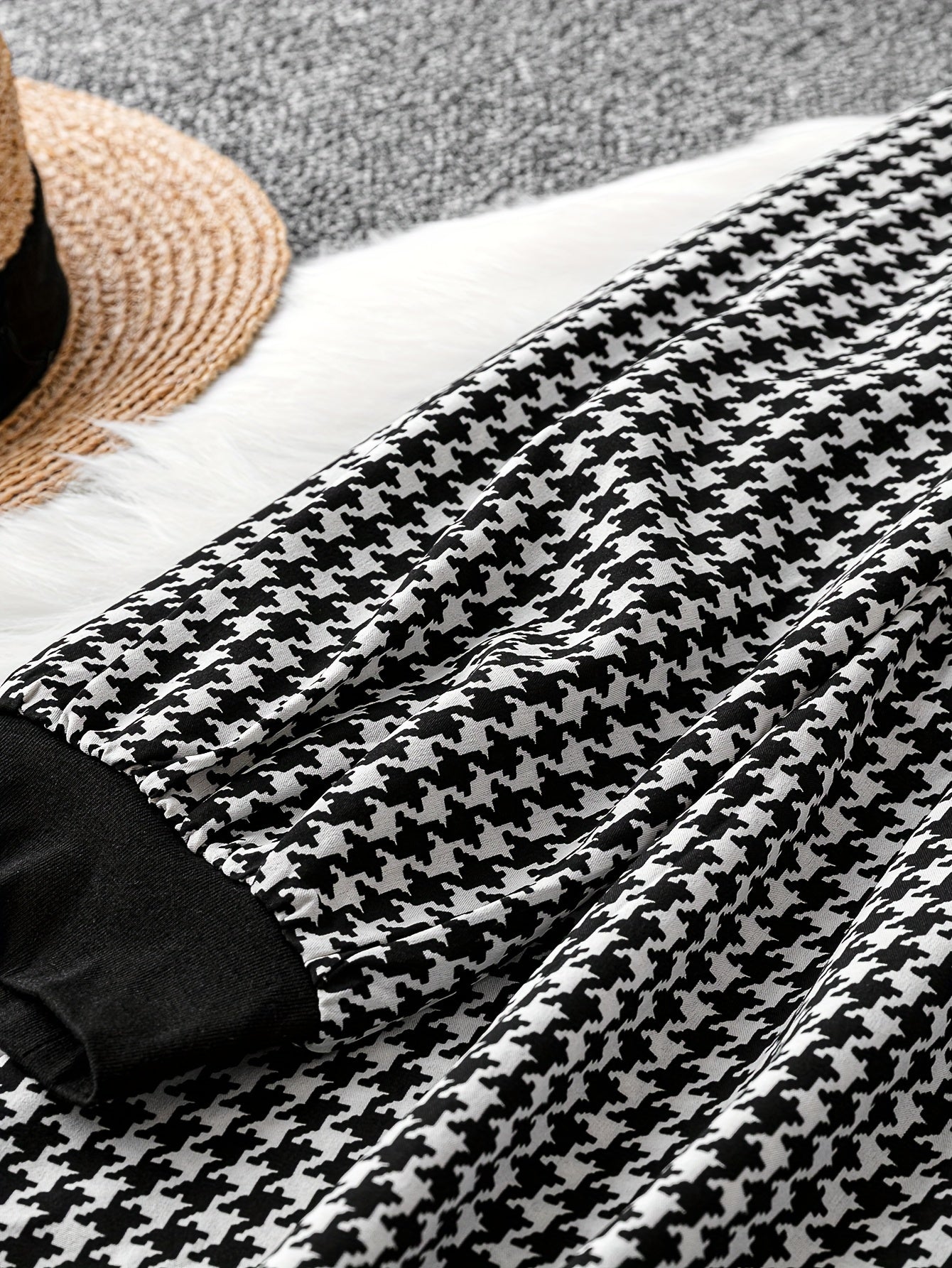  Colorblock Houndstooth Print Round Neck Dress