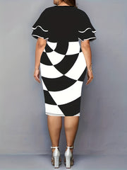  Colorblock Geometric Print Sleeve Midi Dress