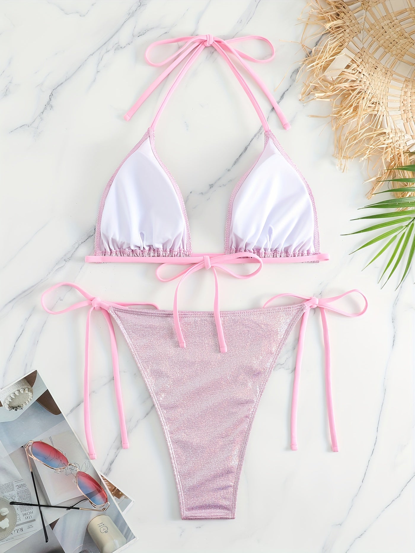  Metallic Halter Bra & Tie Side Panty Bikini Set