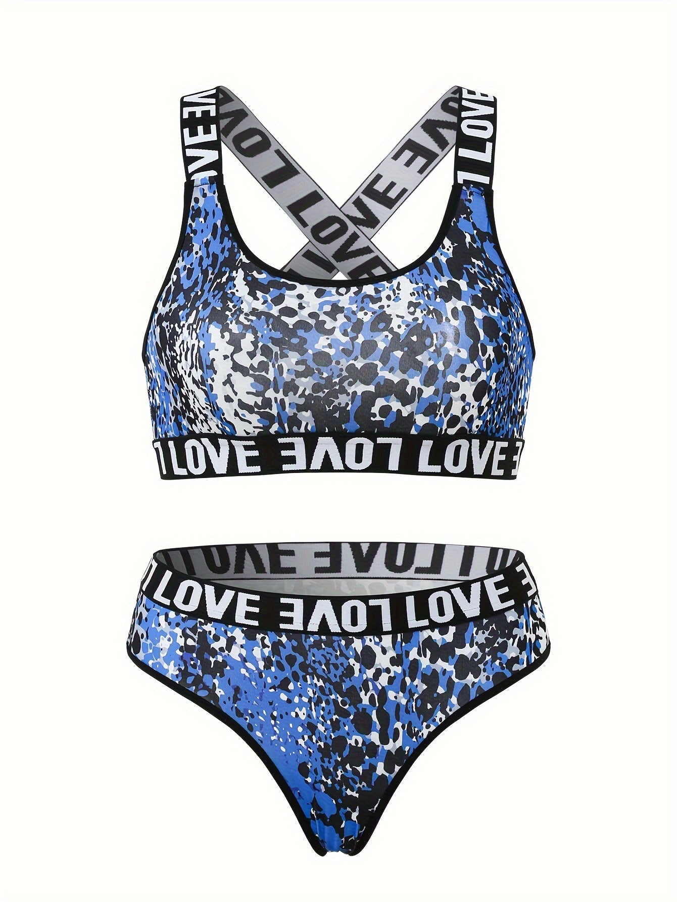 Leopard Bra & Panties Set Criss Cross Back Sports Bra & Letter Print Panties