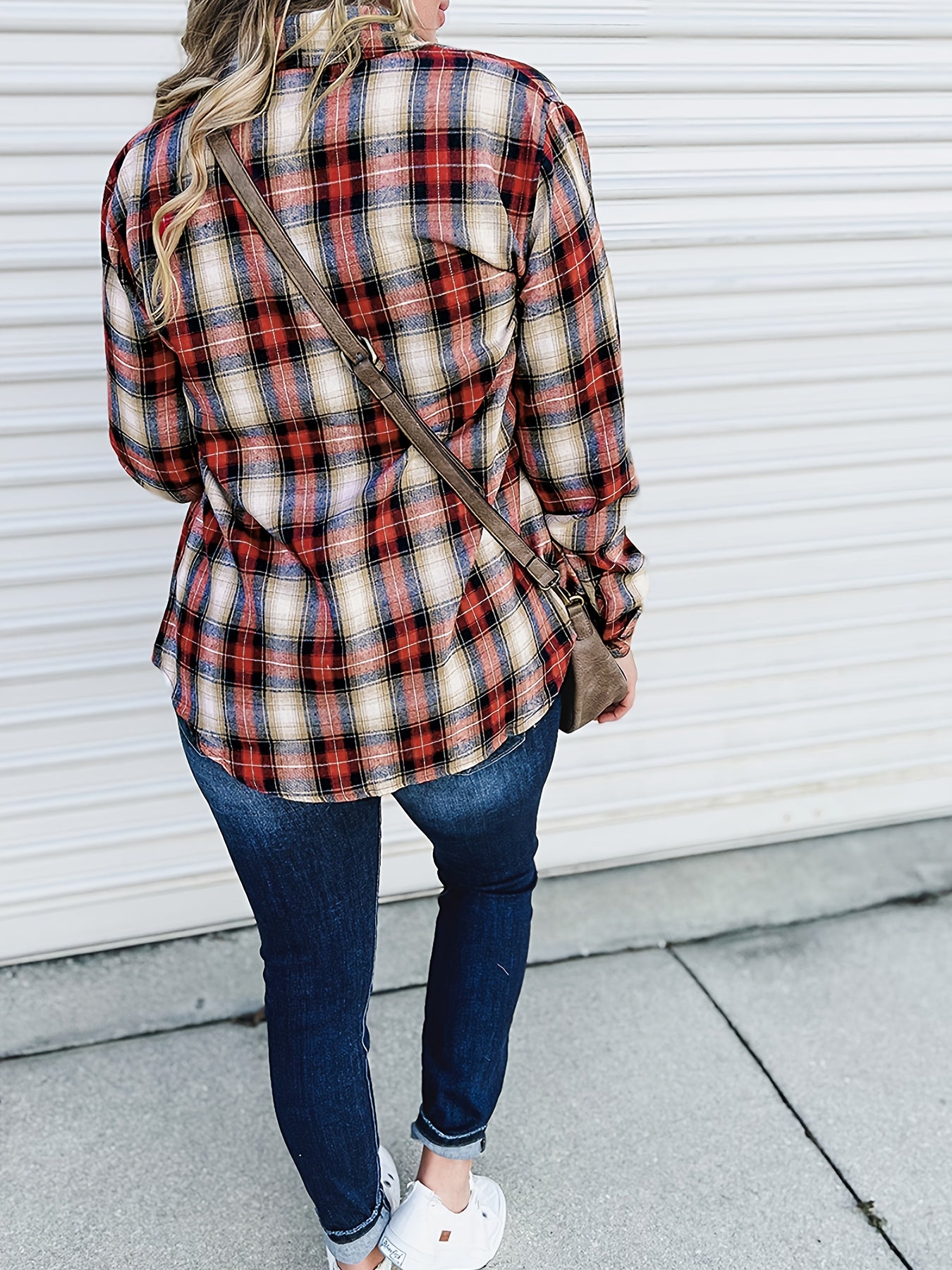  Plaid Print Button Up Long Sleeve Blouse