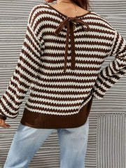  Casual Stripe Print Long Sleeve Round Neck Pullover Sweater