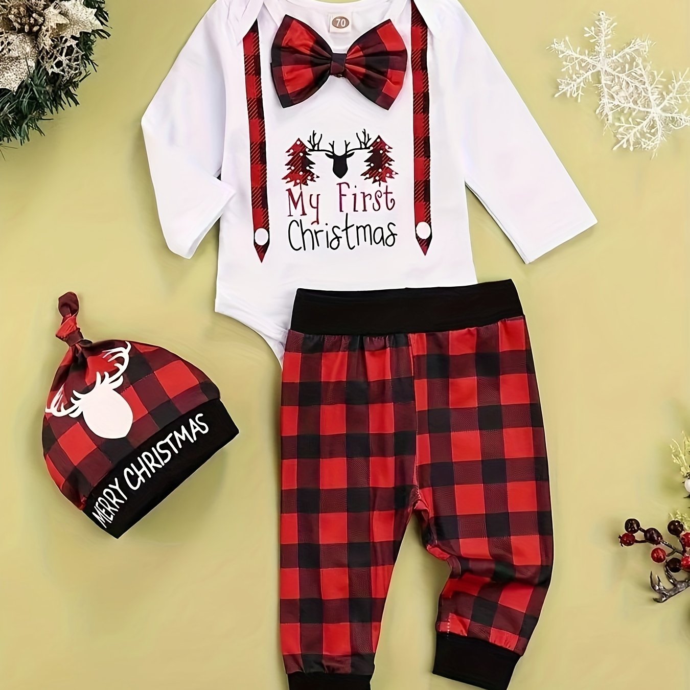 3pcs Baby Boys Christmas Clothes Long Sleeved Tops & Pants & Hats Set