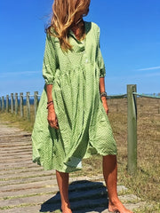  Stripe Print Button Up Mock Neck Dress