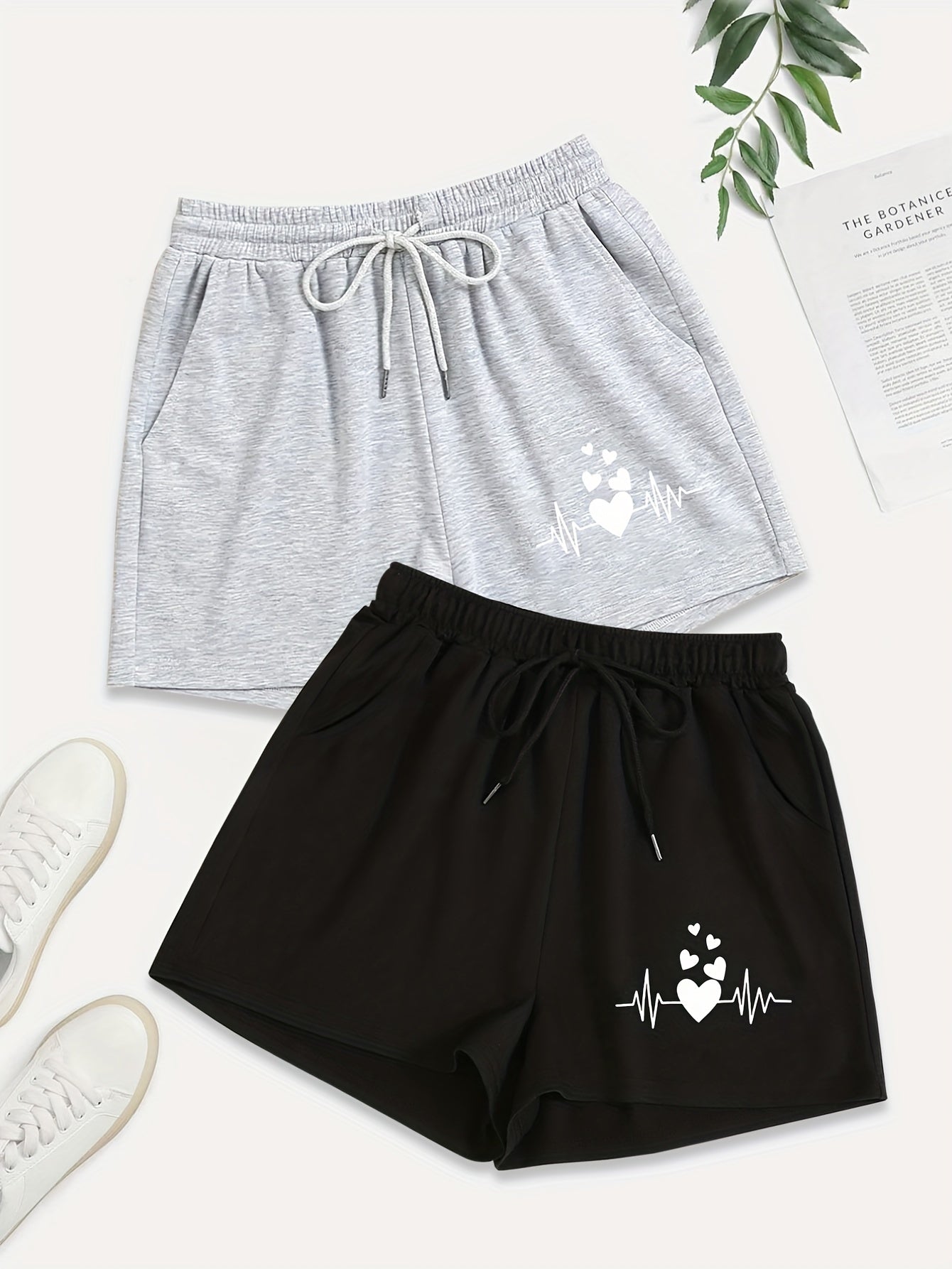 2 Pack Plus Size Casual Shorts Women's Plus Heart Print Drawstring Shorts