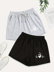 2 Pack Plus Size Casual Shorts Women's Plus Heart Print Drawstring Shorts