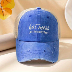 Hot Mess Embroidered Baseball Cap Washed Hole Ponytail Cap