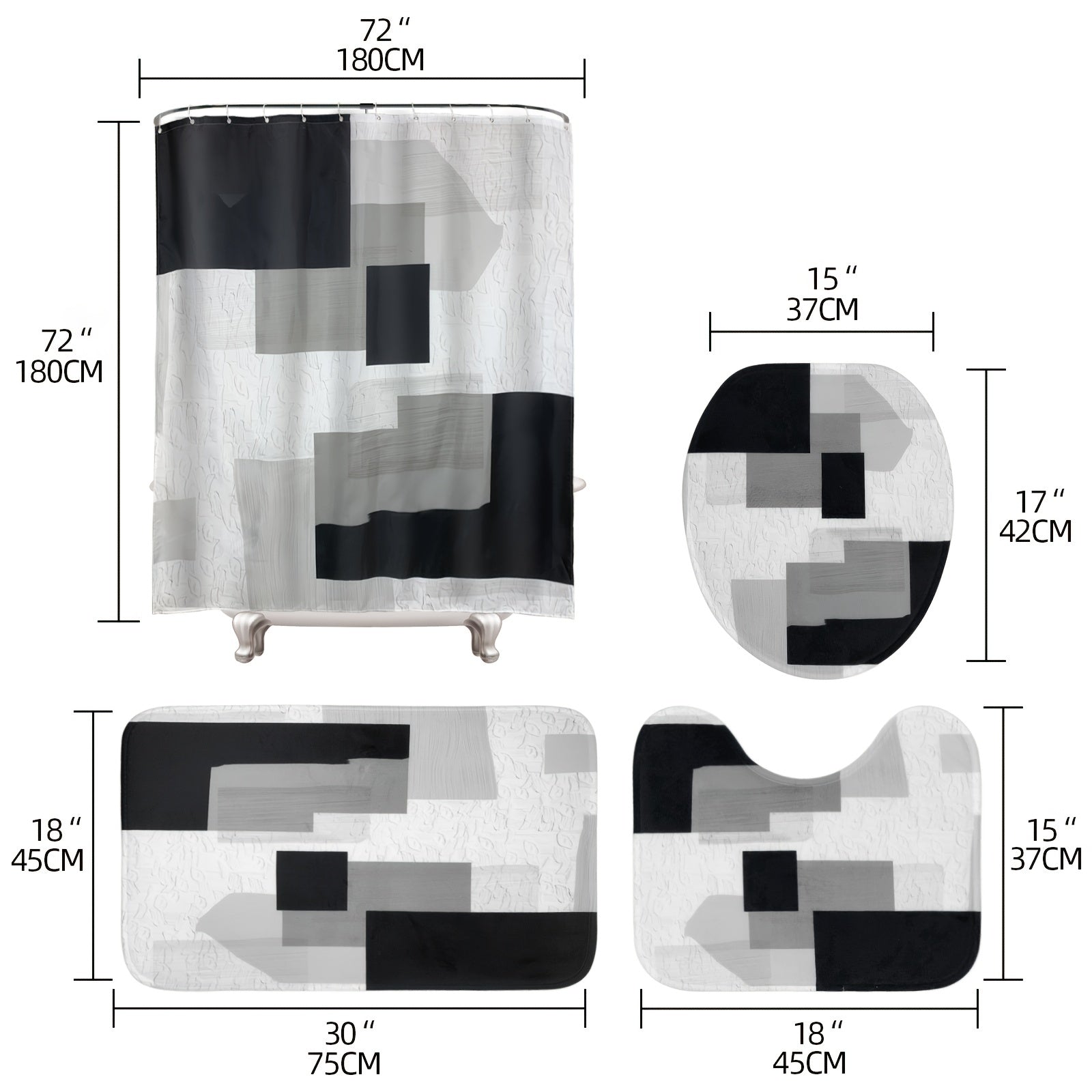 4 Piece Bathroom Set: Shower Curtain, Rugs, Non Slip Mat & Hooks