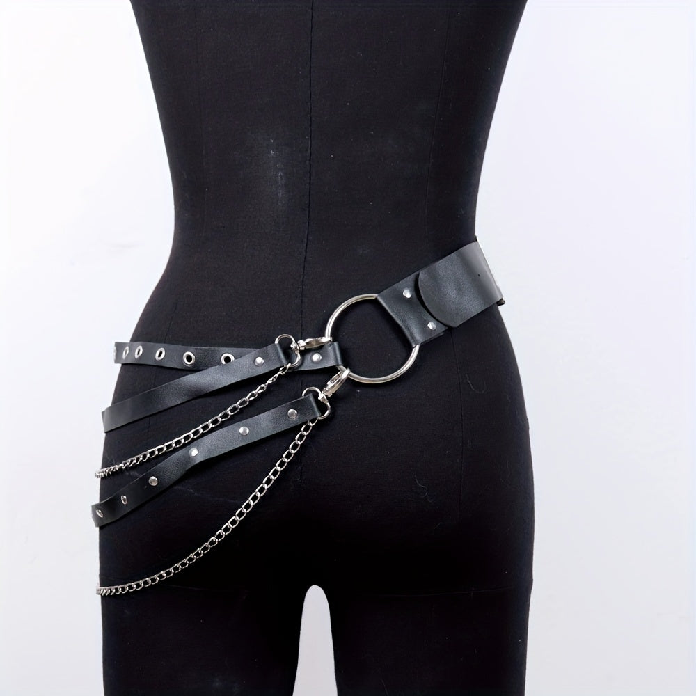 Vintage Punk PU Wide Belt Gothic Chain Adjustable Harness Belt Women