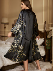 Women's Plant & Bird Print Pajama Set Sleepdress & Robe PJ Sets