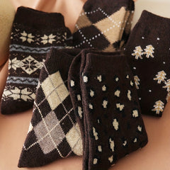 5 Pairs Argyle & Leopard Socks Mid Tube Women's Stockings