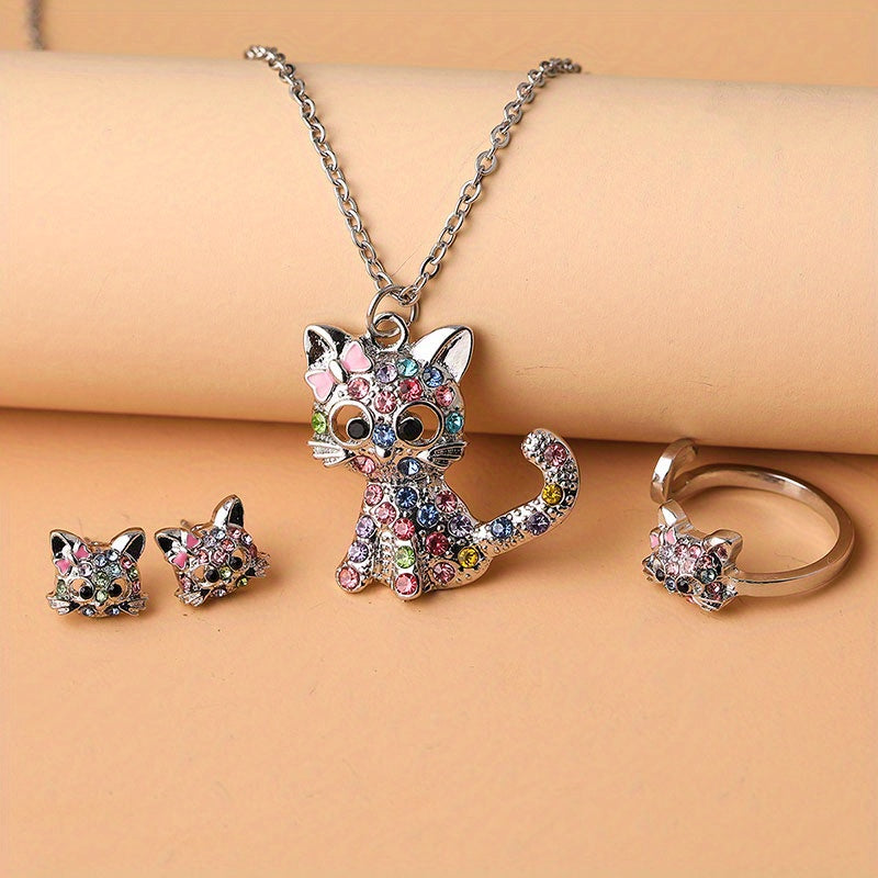 Colorful Rhinestone Cat Jewelry Set - Pendant Necklace & Earrings & Ring