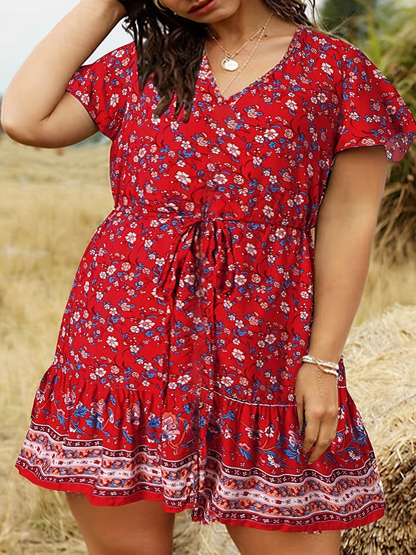  Boho Dress Women's Plus Floral Print Button Up Cap Sleeve V Neck