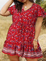  Boho Dress Women's Plus Floral Print Button Up Cap Sleeve V Neck