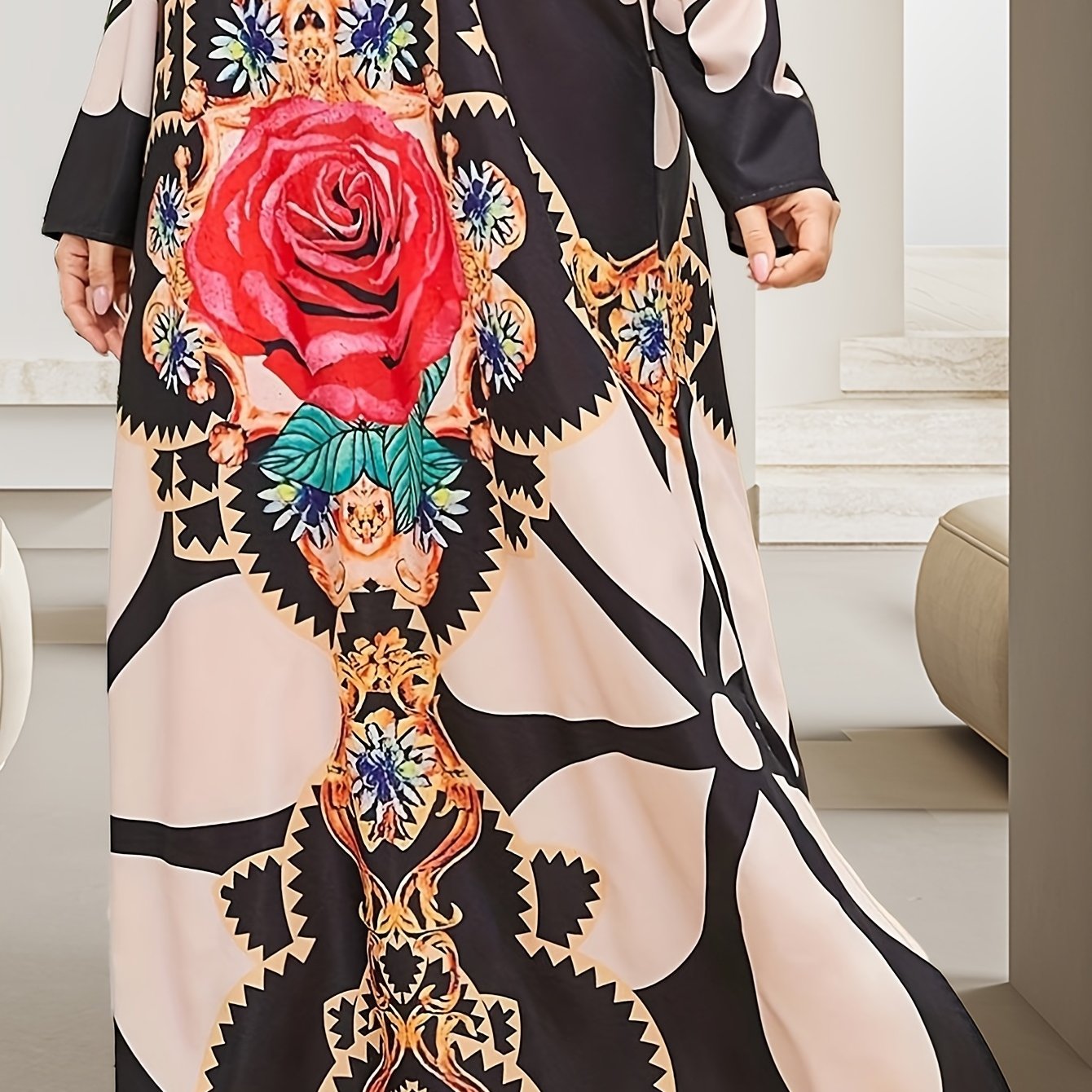 Women's Plus Floral Print Long Sleeve Maxi Dress