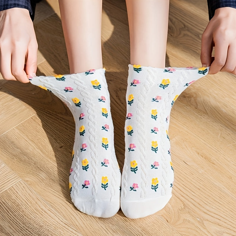 5 Pairs Floral Print Short Socks for Women