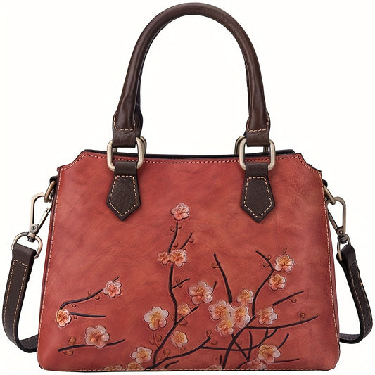 Vintage Floral Top Grain Leather Handbag Red & Coffee