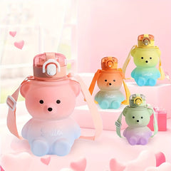 Cartoon Bear Water Bottle 27oz Leak Proof BPA Plastic Straw and Strap