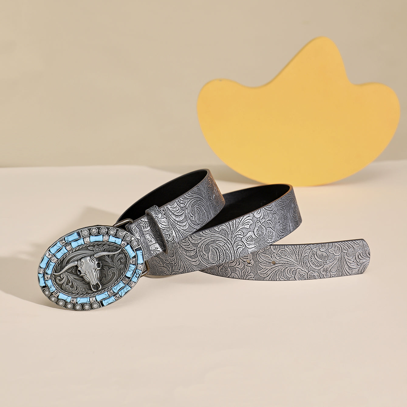 Boho Vintage Belt Print Silvery Cattle Head Buckle Belt For Women
