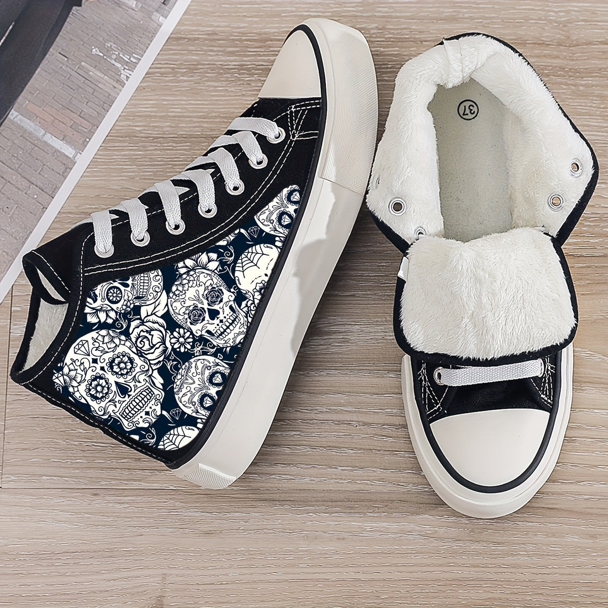 Skull Print Plush Lined Chunky Canvas Sneakers