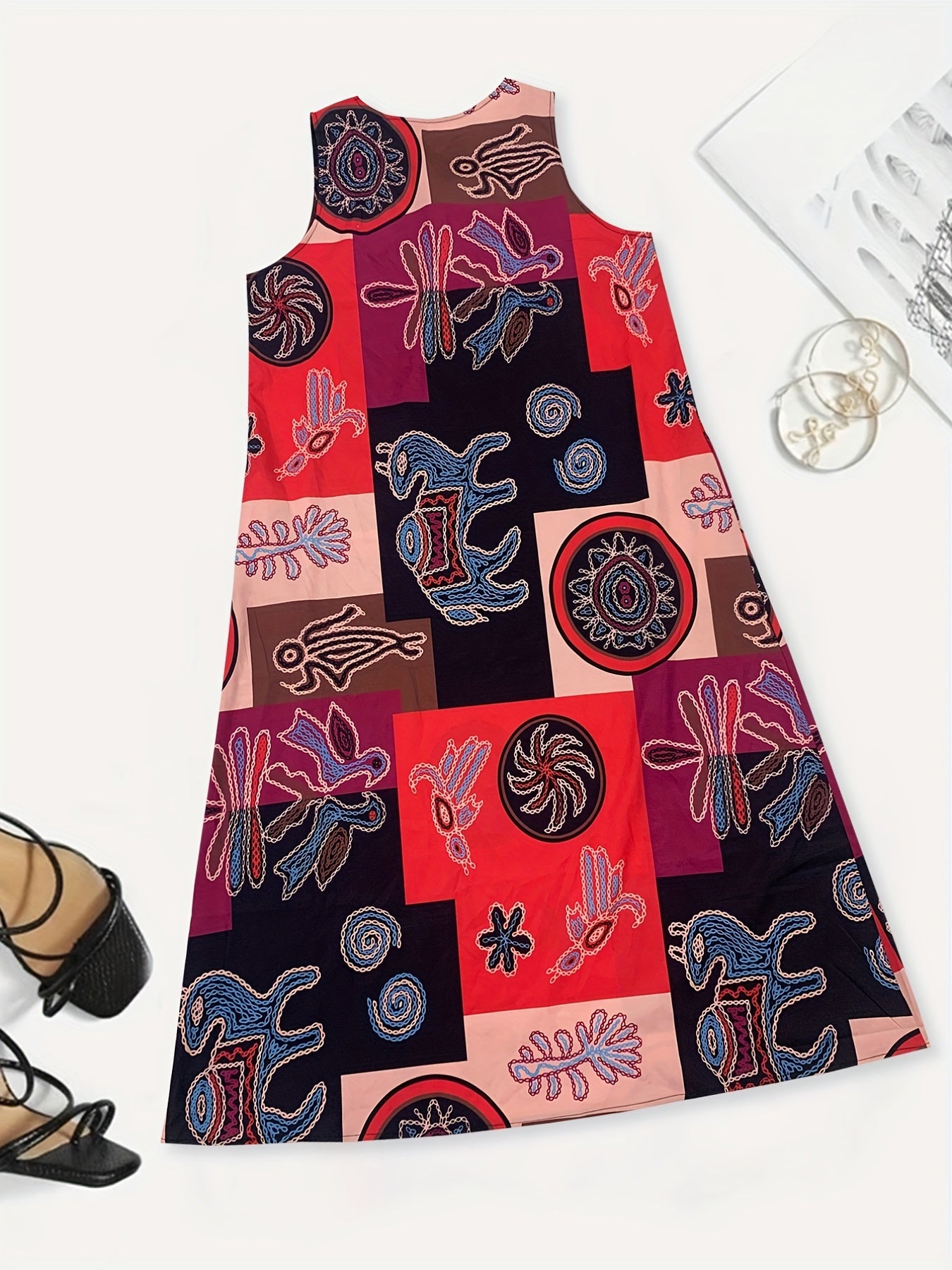  Colorblock Graphic Print Maxi Tank Dress With Pockets