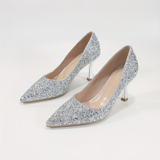Women's Glitter Stiletto Heels Pointed Toe Slip-On Pumps Dress Shoes