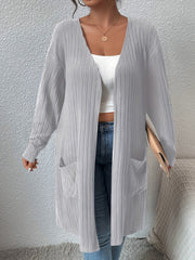  Solid Ribbed Open Front Cardigan With Pockets