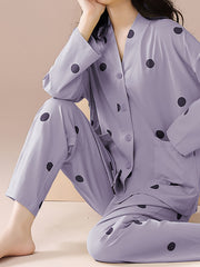 Polka Dot Pajama Set Long Sleeve Top & Pants Women's Sleepwear