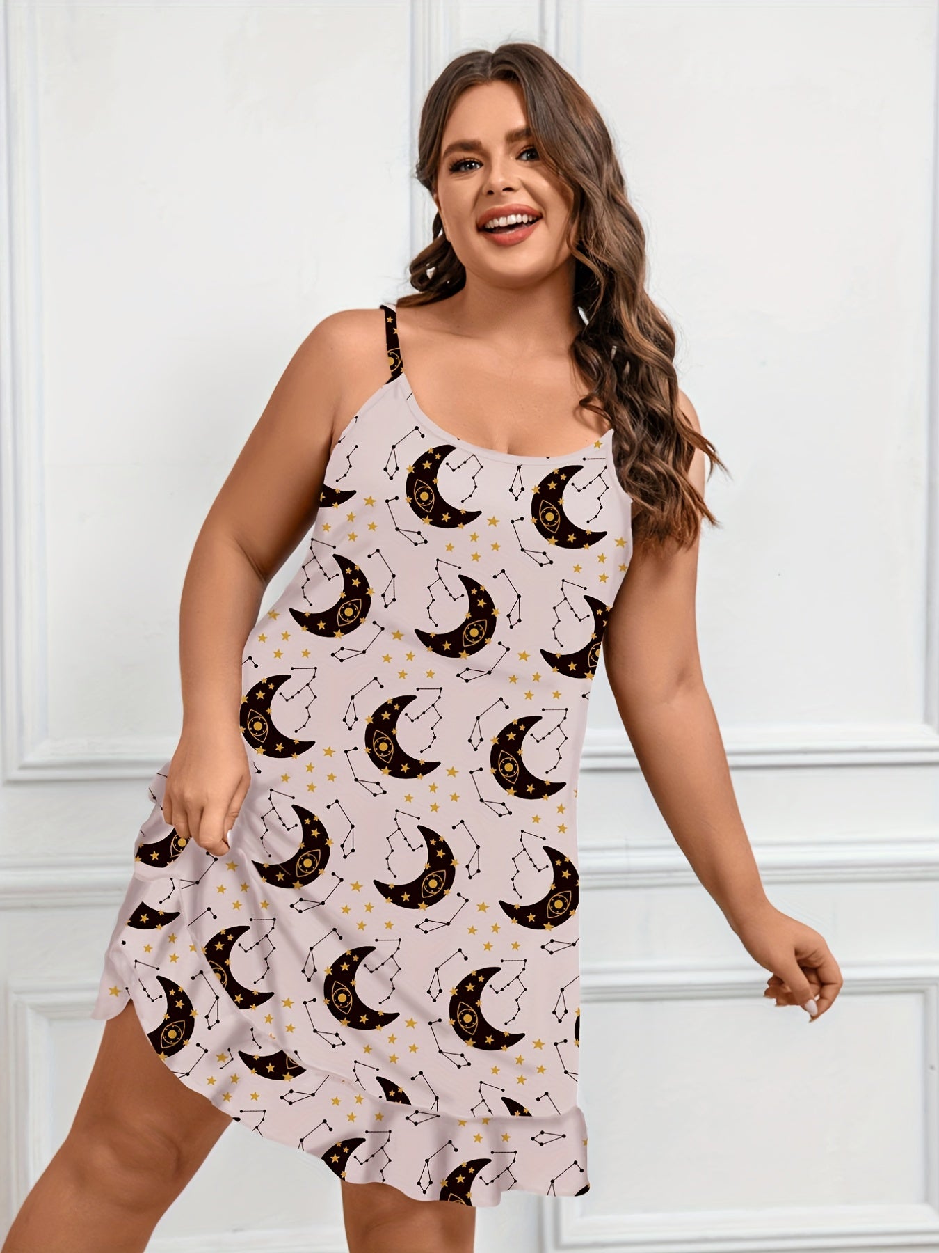  Heart Moon Print Nightdress Round Neck Ruffle Trim