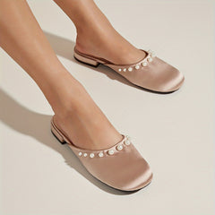 Pearl Decor Satin Mules Closed Toe Backless Loafers