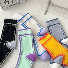 5 Pairs Colorblock Crew Socks Women's Stockings