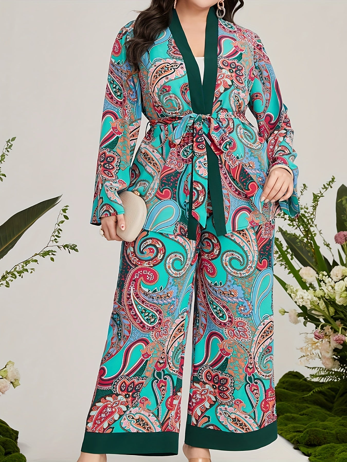 Women's Plus Paisley Print Long Sleeve Cardigan & Wide Leg Pants 2 Piece Set